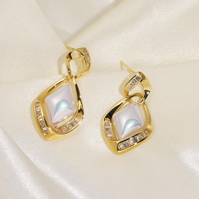 CZ pearl diamond shape clip on earrings