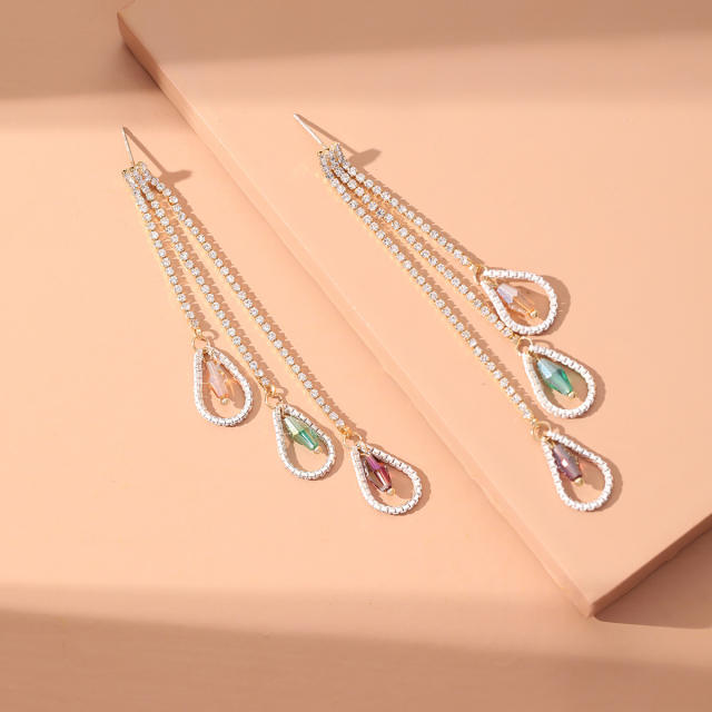 Pave setting rhinestone dropped long earrings