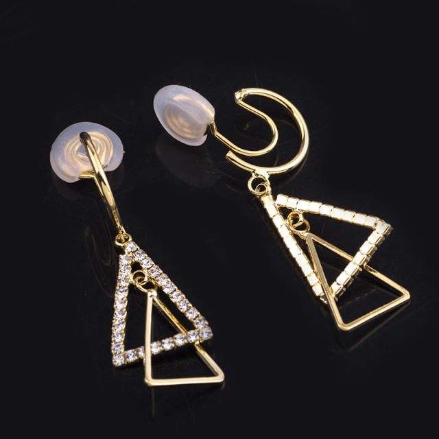 Diamond triangle dangle earrings clip on earrings