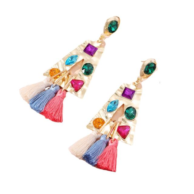 Colorful tassel cubic zircon statement holllow triangle earrings
