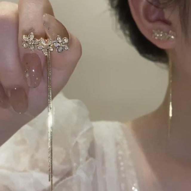TIKTOK same design cubic zircon flower tassel jacket earrings