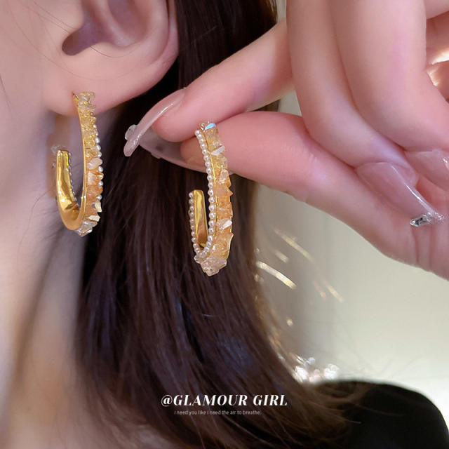 Silver needle color crytal open hoop earrings