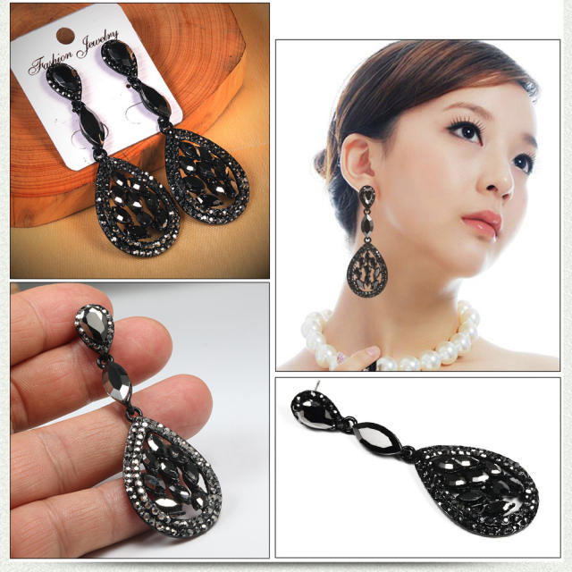 Luxury all black glass crystal drop earrings for women