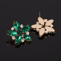Green color glass crystal flower ear studs