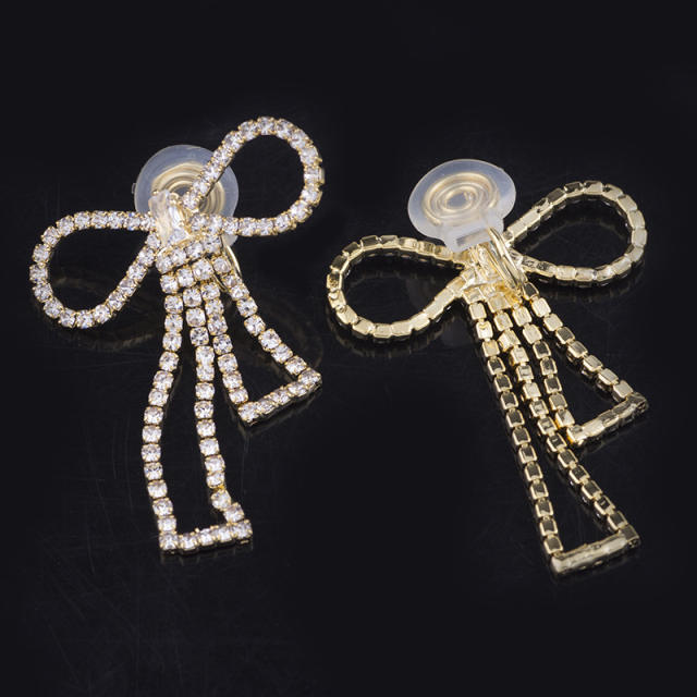 Diamond bow hollow clip on earrings