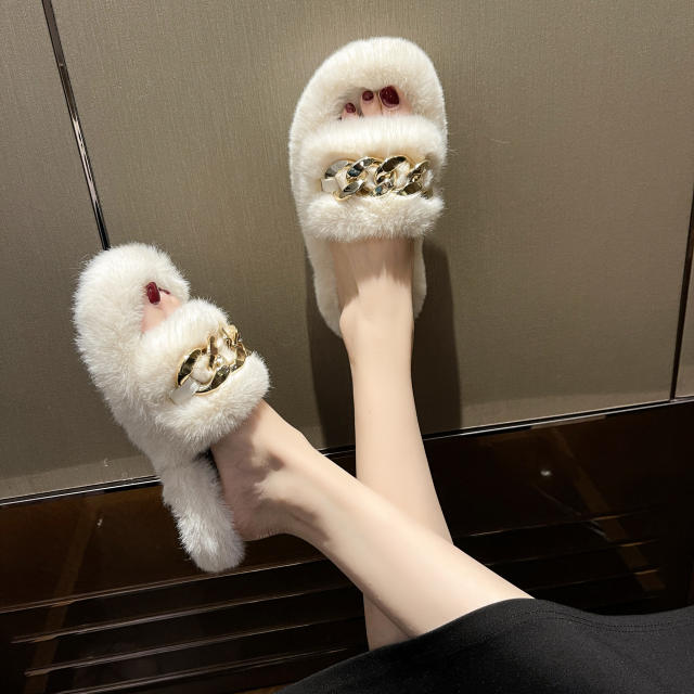 Metal chain fluffy slippers