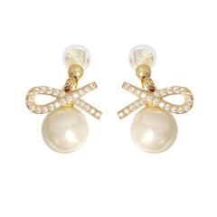 Diamond bow pearl clip on earrings drop earrings