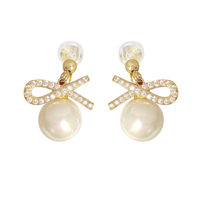 Diamond bow pearl clip on earrings drop earrings