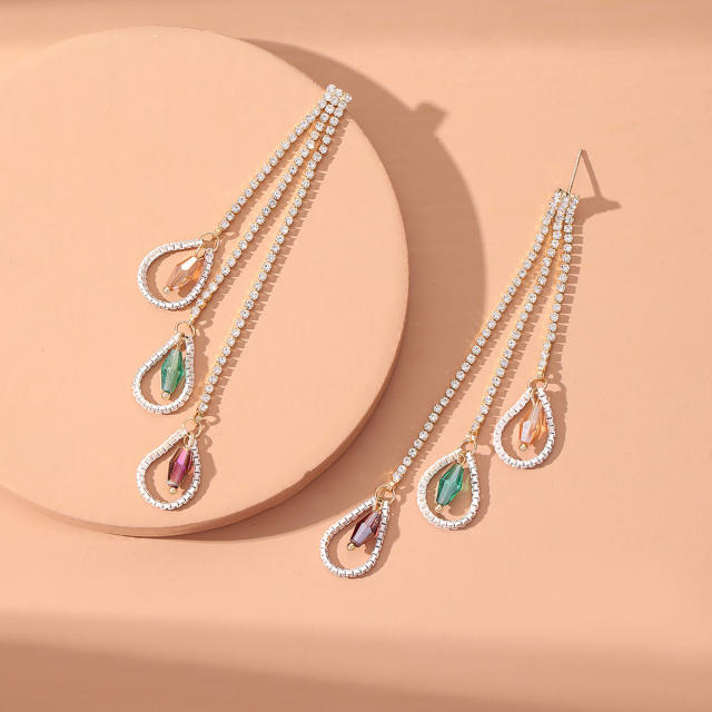 Pave setting rhinestone dropped long earrings