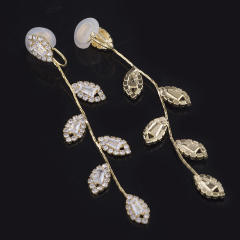 Diamond leaf dangle earrings clip on earrings