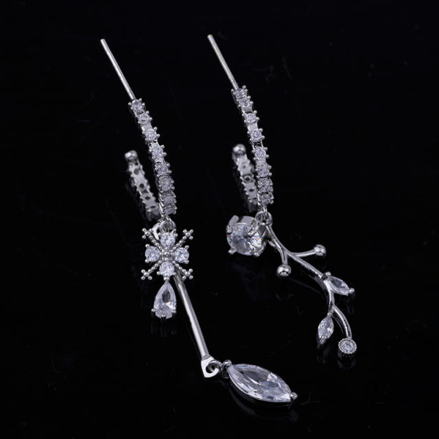 CZ leaf asymmetric clip on earrings dangle earrings