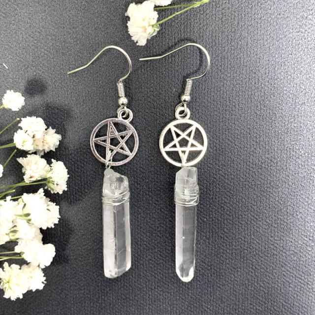 Boho natural cystal pendant hollow star dangle earrings