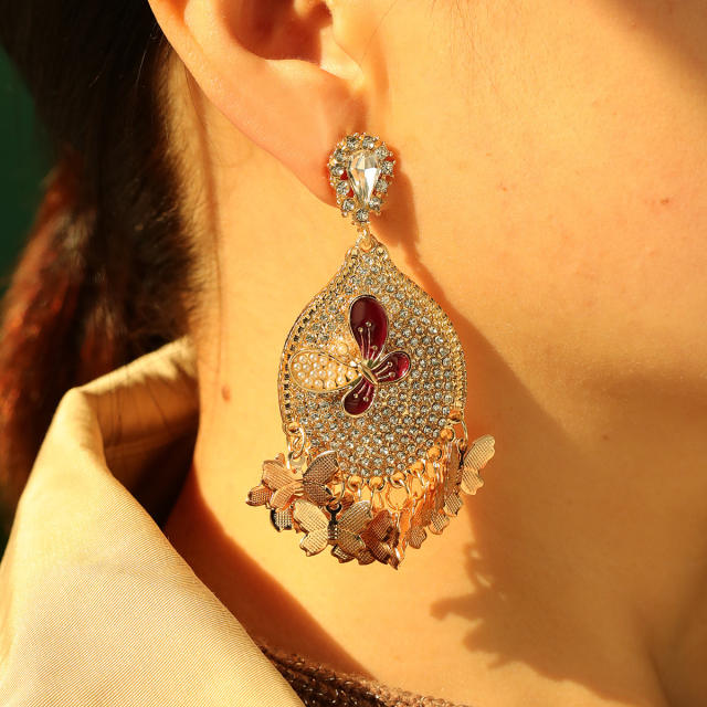 Pave setting rhinestone butterfly dangle earrings