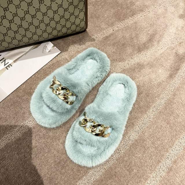 Metal chain fluffy slippers