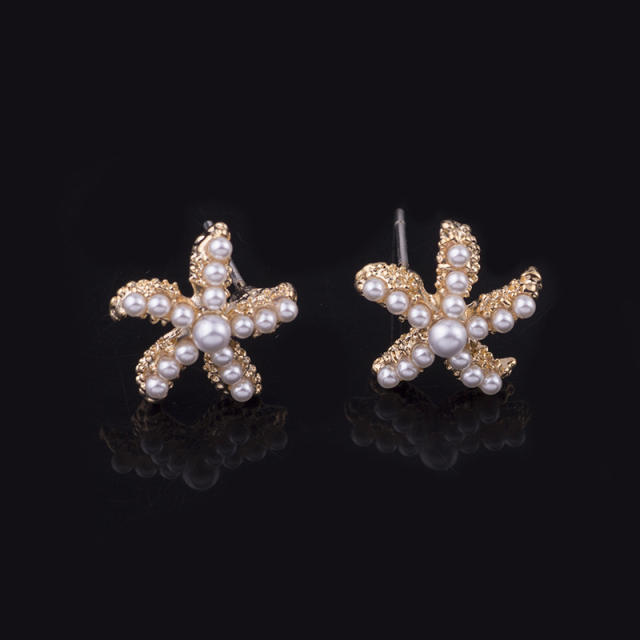 Pearl beaded starfish clip on earrings
