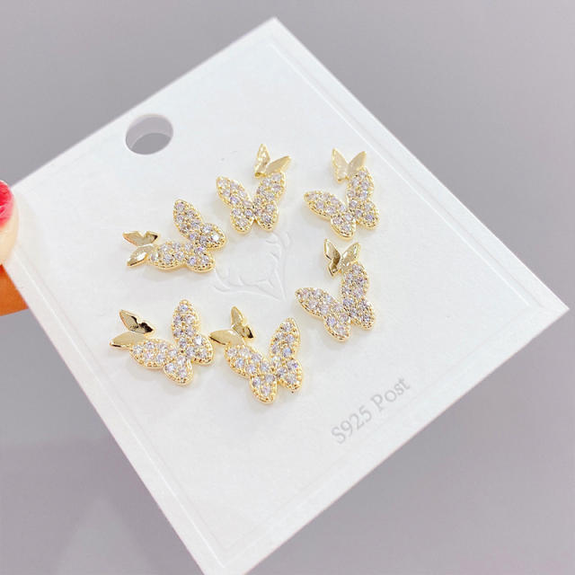 S925 needle diamond butterfly ear studs set