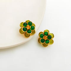 925 needle green color resin beads flower ear studs