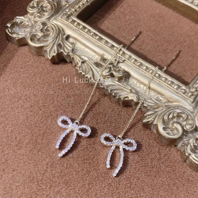 S925 sterling silver needle diamond bow threader earrings
