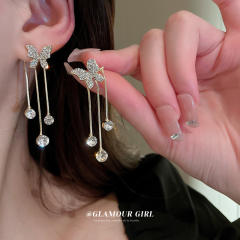 Silver needle diamond butterfly jacket earrings