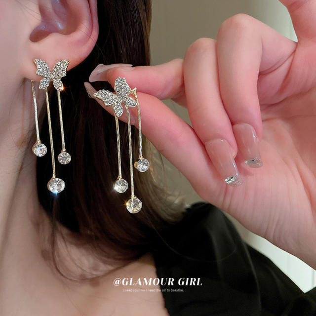 Silver needle diamond butterfly jacket earrings