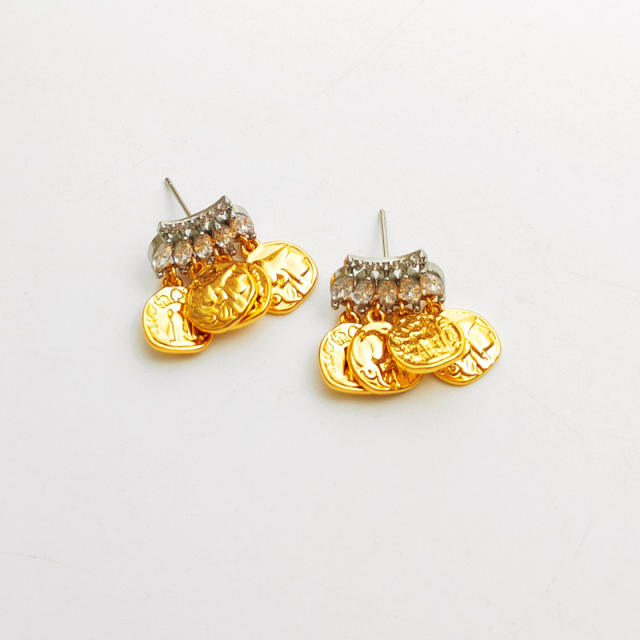 925 needle two color coin tassel cubic zirrcon ear studs