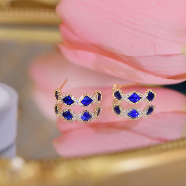 Vintage sapphire blue cubic zircon open hoop earrings