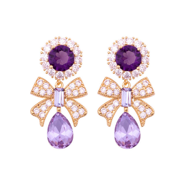 Diamond bow amethyst drop earrings clip on earrings