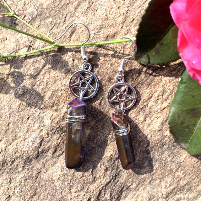 Boho natural cystal pendant hollow star dangle earrings