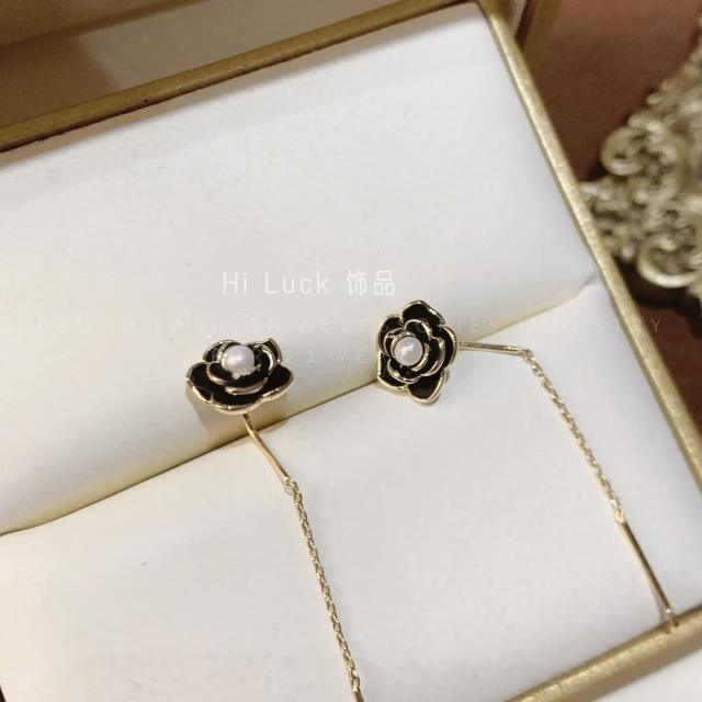 S925 sterling silver needle white black rose flower threader earrings