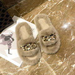 Metal chain fluffy slippers