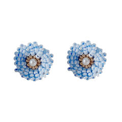 Light blue color beaded flower handmade ear studs clip on earrings