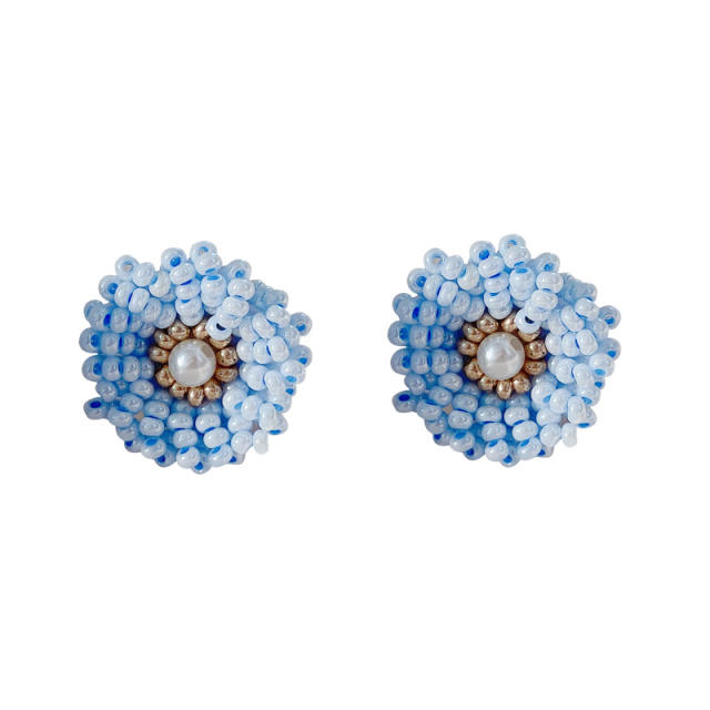 Light blue color beaded flower handmade ear studs clip on earrings