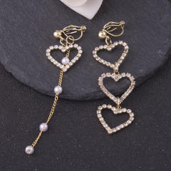 Diamond heart tassel asymmetric clip on earrings dangle earrings