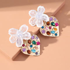 Handmade white seed beads flower metal heart earrings