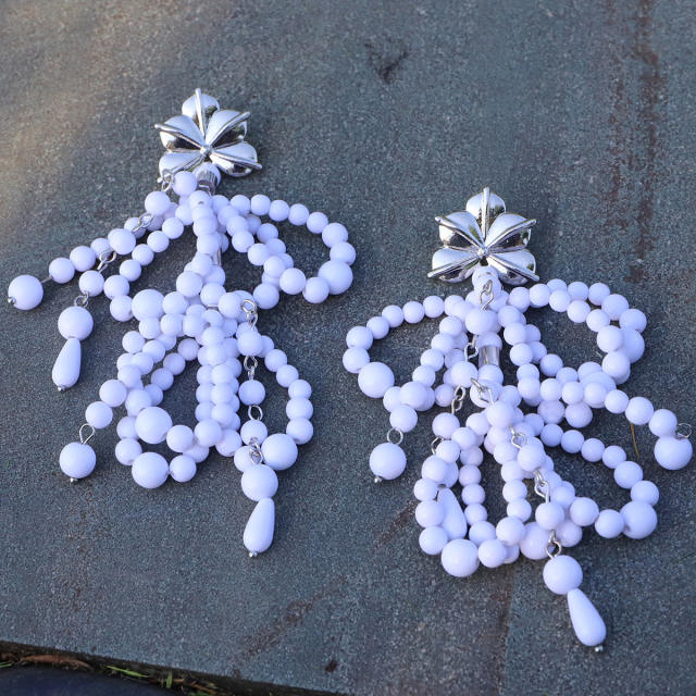 Handmade beaded bow long dangle earrings