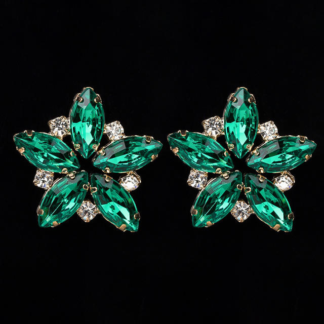 Green color glass crystal flower ear studs