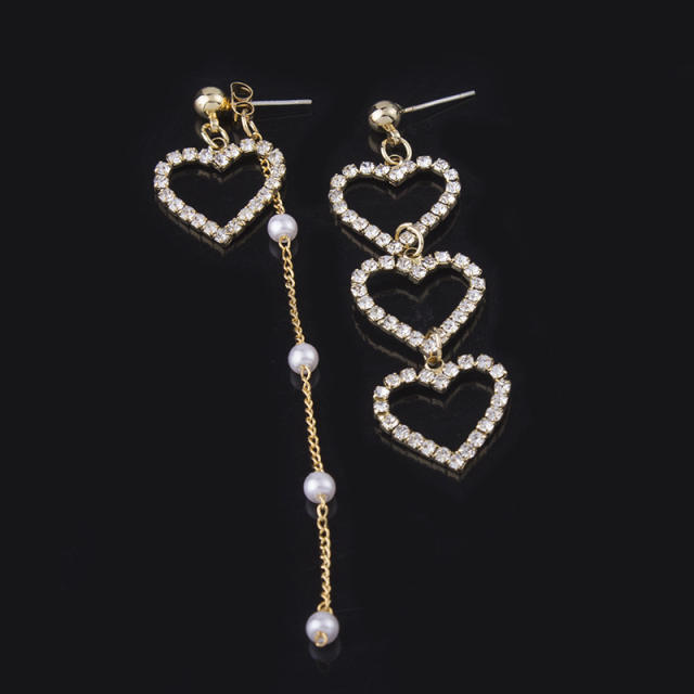 Diamond heart tassel asymmetric clip on earrings dangle earrings