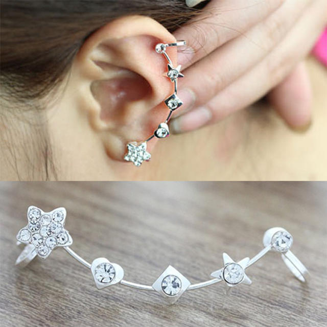 Diamond star heart one piece ear cuff
