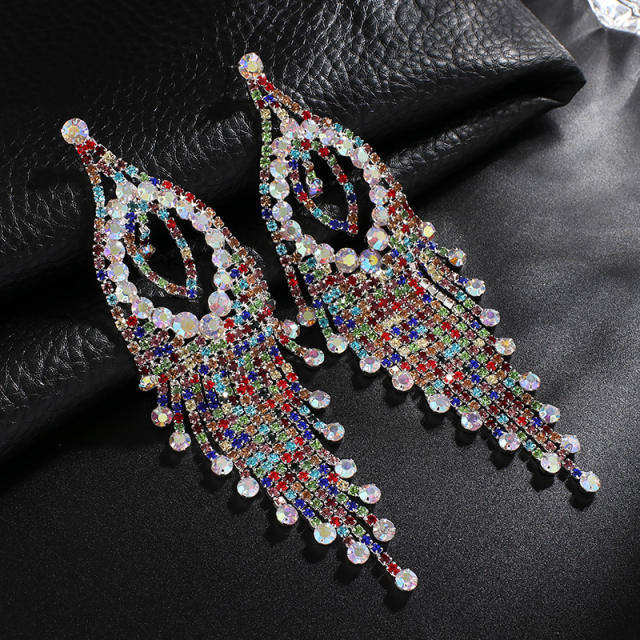 Creative rhinestone tassel long earrings
