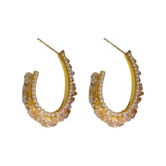 Silver needle color crytal open hoop earrings