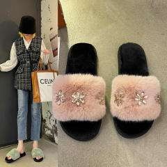 2022 rhinestone flower fluffy slippers