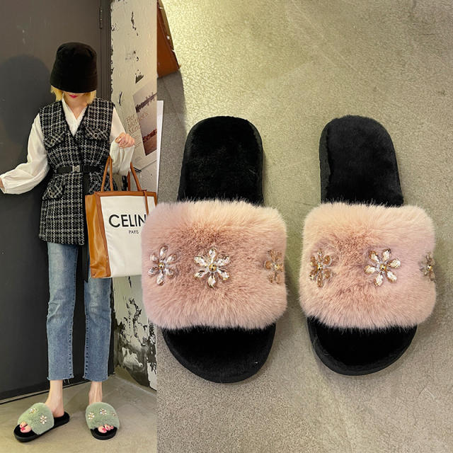 2022 rhinestone flower fluffy slippers