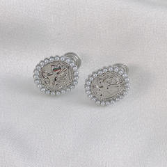 Portrait pearl beaded oval clip on earrings