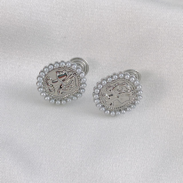 Portrait pearl beaded oval clip on earrings