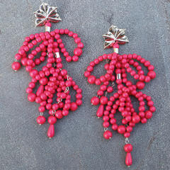 Handmade beaded bow long dangle earrings