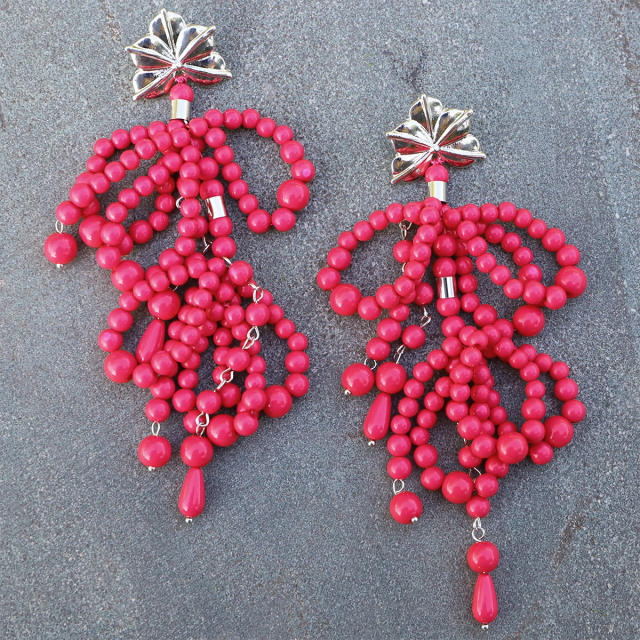 Handmade beaded bow long dangle earrings