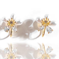 CZ pearl flower clip on earrings