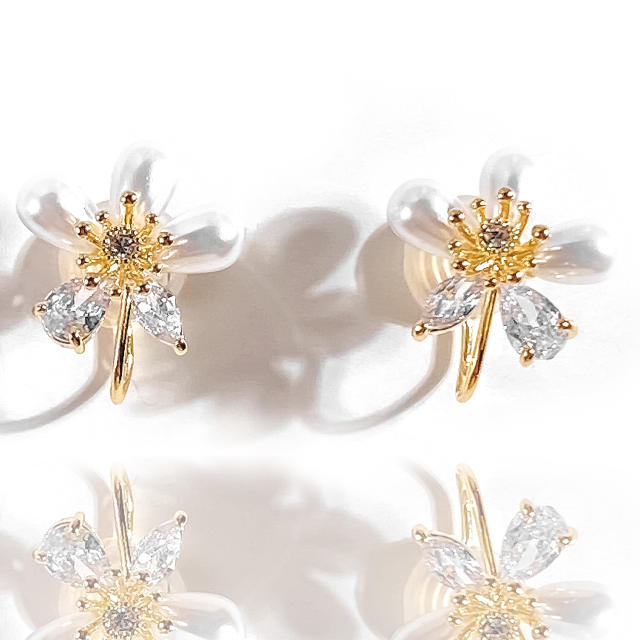 CZ pearl flower clip on earrings