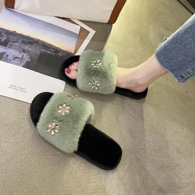 2022 rhinestone flower fluffy slippers
