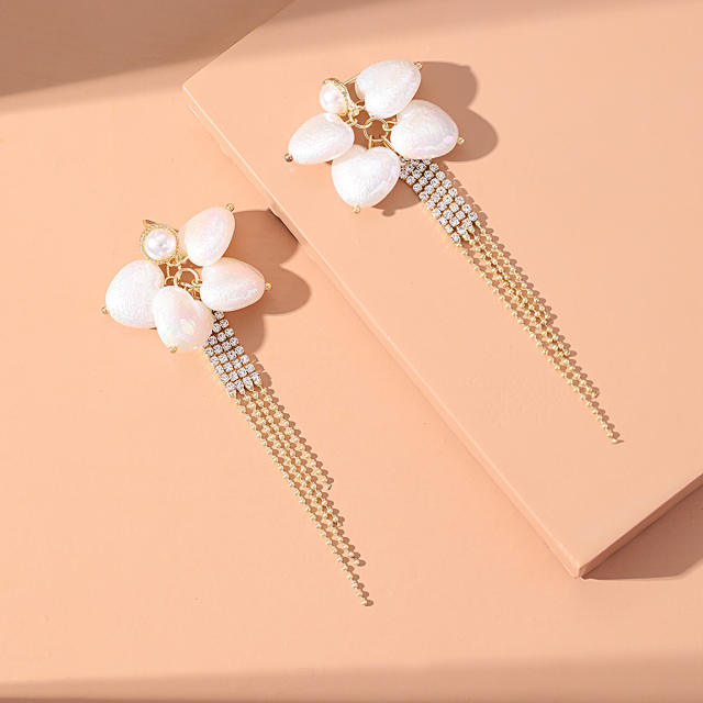 Hot sale white color cubic zircon tassel pearl earrings